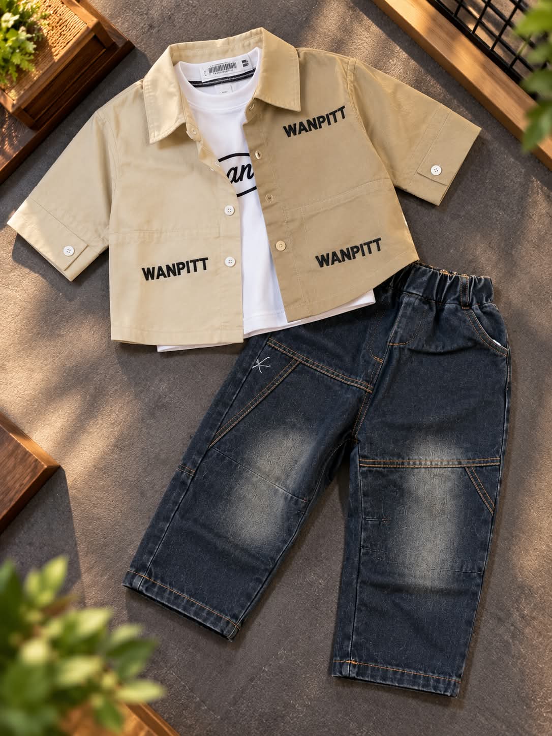 Boys 3-Piece Beige Jacket, Graphic T-Shirt & Baggy Denim Jeans Set | Sizes 18–26