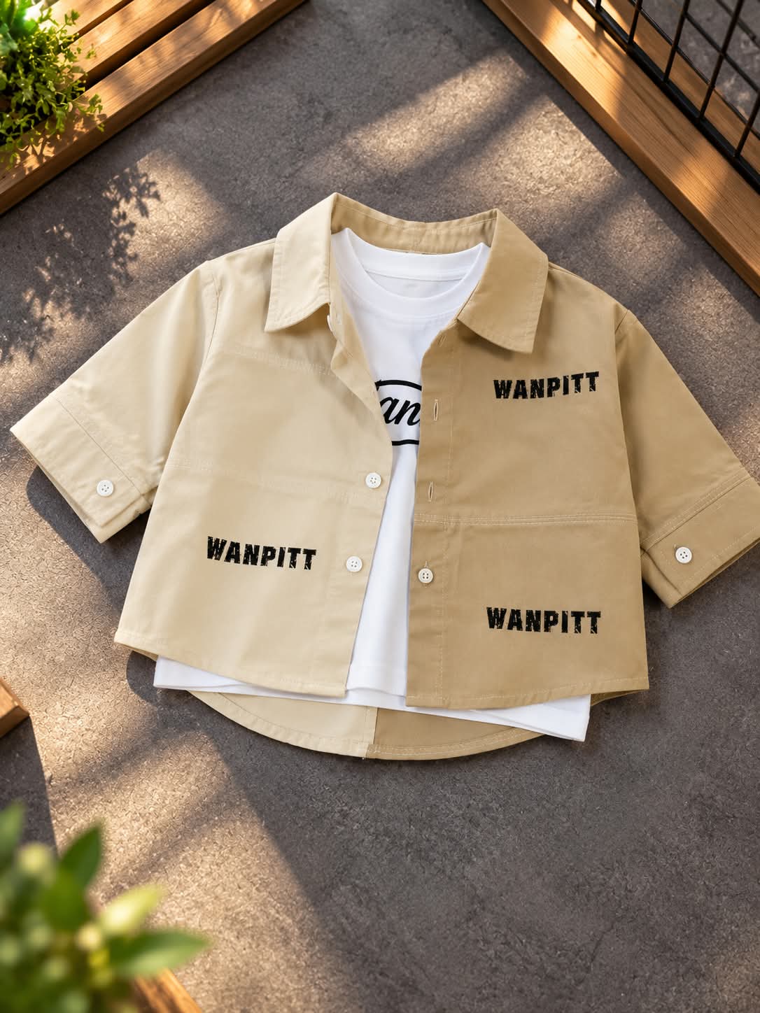 Boys 3-Piece Beige Jacket, Graphic T-Shirt & Baggy Denim Jeans Set | Sizes 18–26