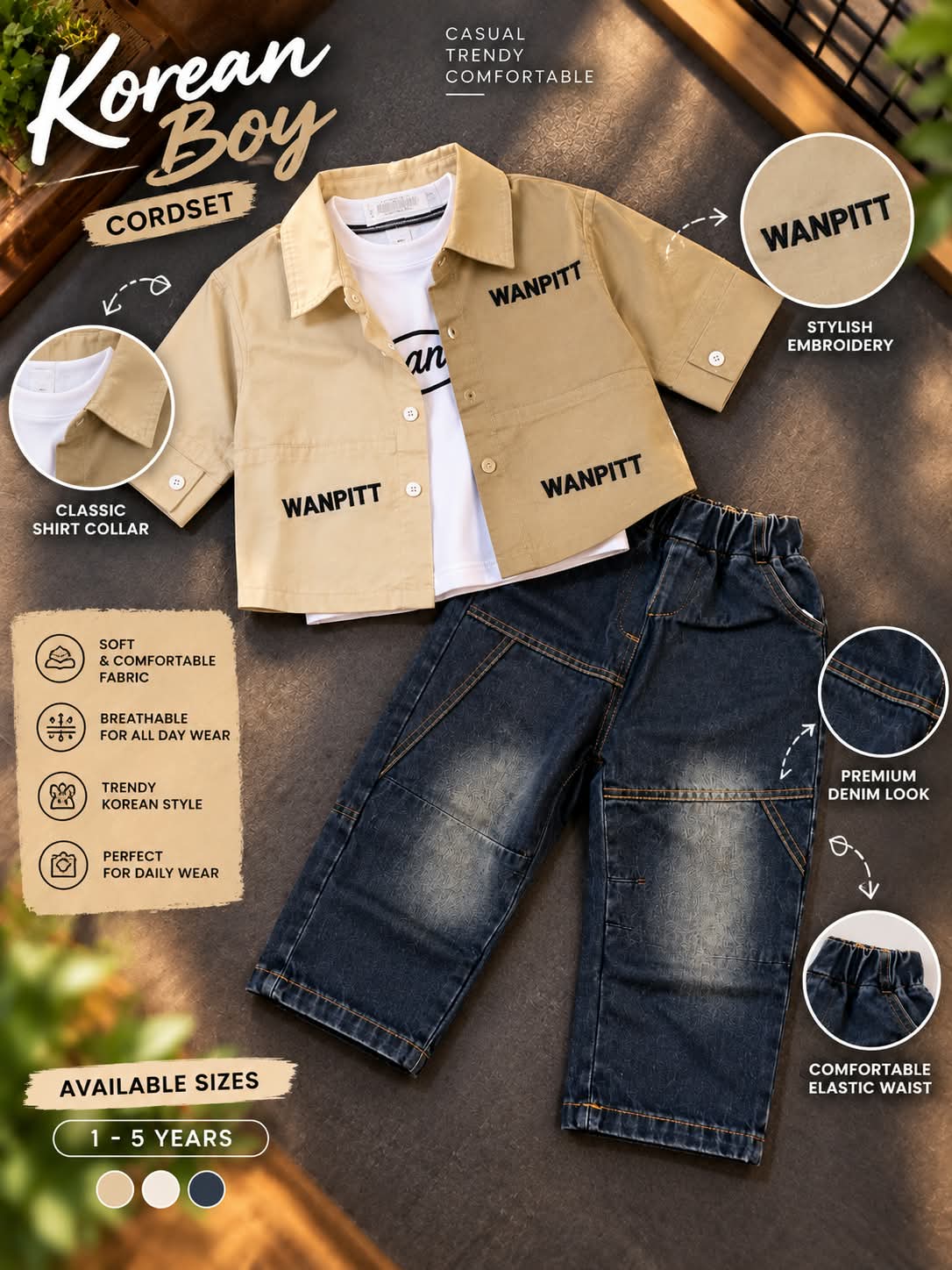 Boys 3-Piece Beige Jacket, Graphic T-Shirt & Baggy Denim Jeans Set | Sizes 18–26
