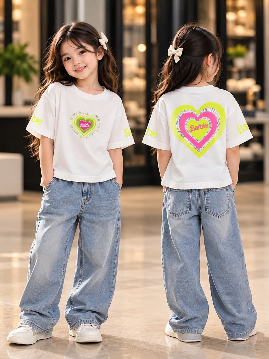 Girls White Oversized T-Shirt with Neon Green Heart Graphic | Sizes 26–38