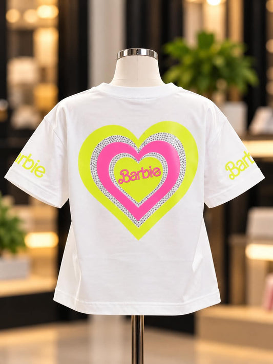 Girls White Oversized T-Shirt with Neon Green Heart Graphic | Sizes 26–38