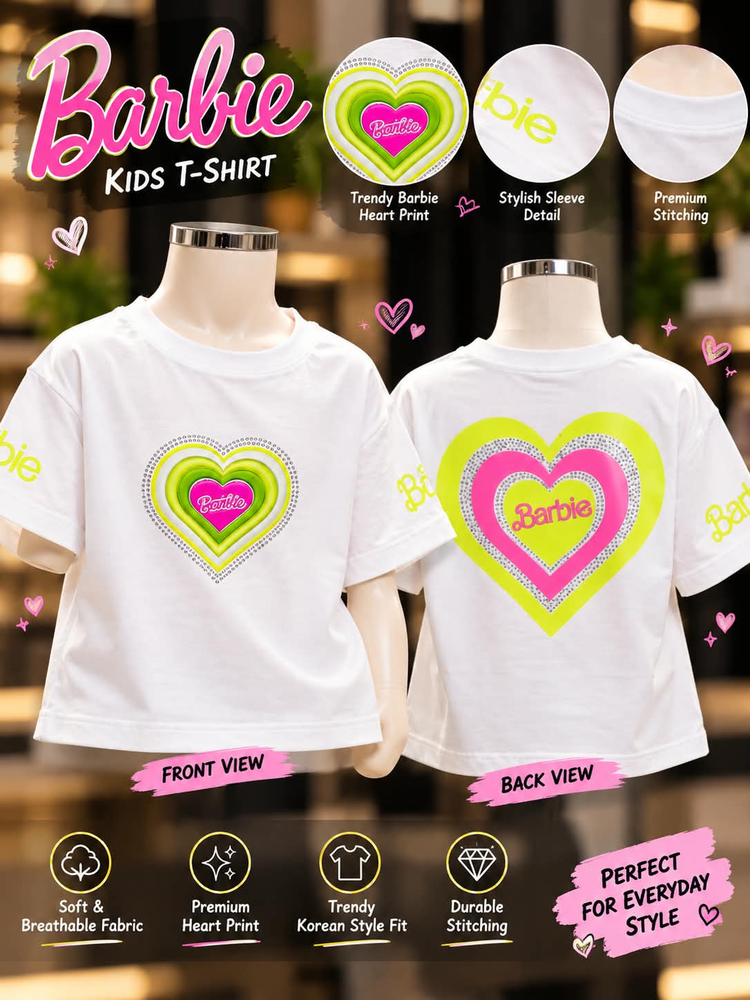 Girls White Oversized T-Shirt with Neon Green Heart Graphic | Sizes 26–38