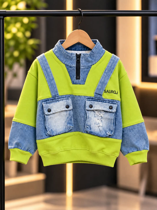 Boys Lime Green & Denim Style Sweatshirt with Utility Pockets | Sizes 18–26