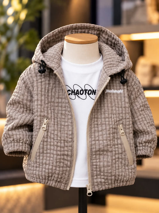 Boys Beige Quilted Hooded Jacket with Zip Pockets | Sizes 18–26
