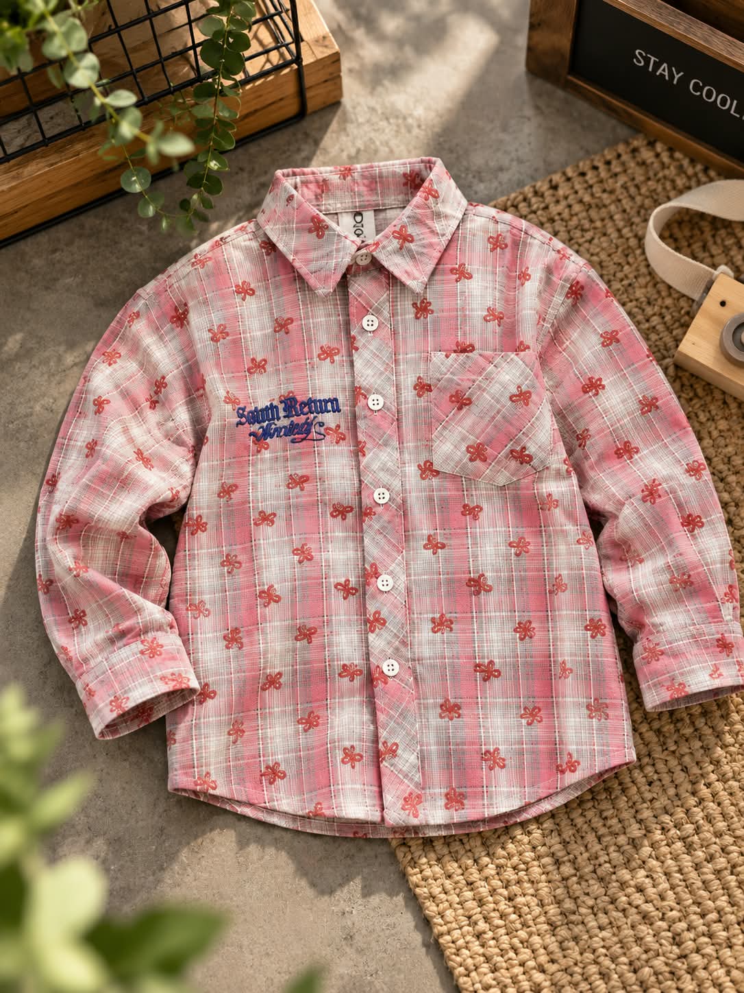 Boys Pink Checkered Floral Print Shirt | Sizes 5–8 Years