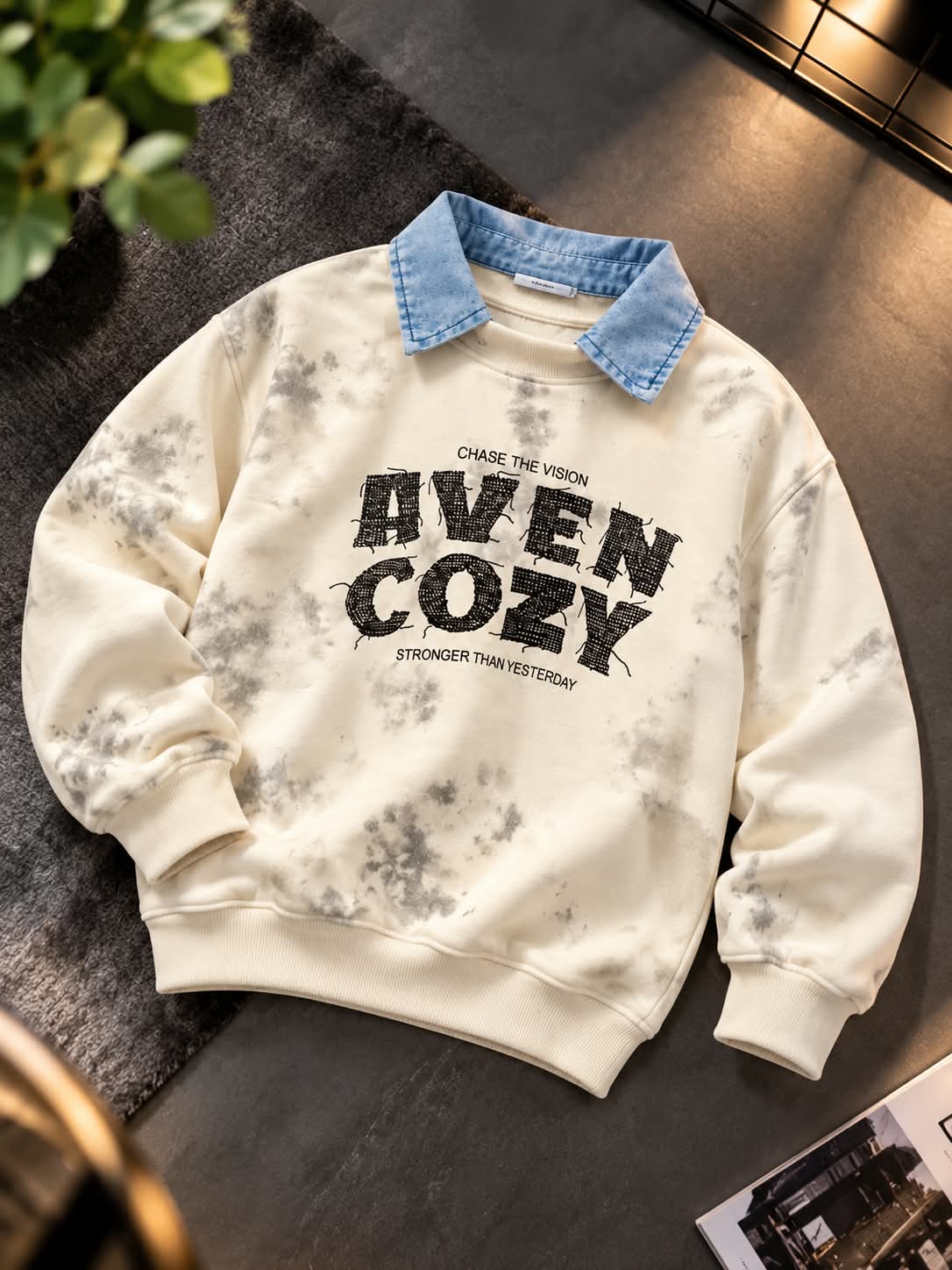 Boys Beige Tie-Dye Sweatshirt with Denim Collar & Graphic Print | Sizes 6–11 Years