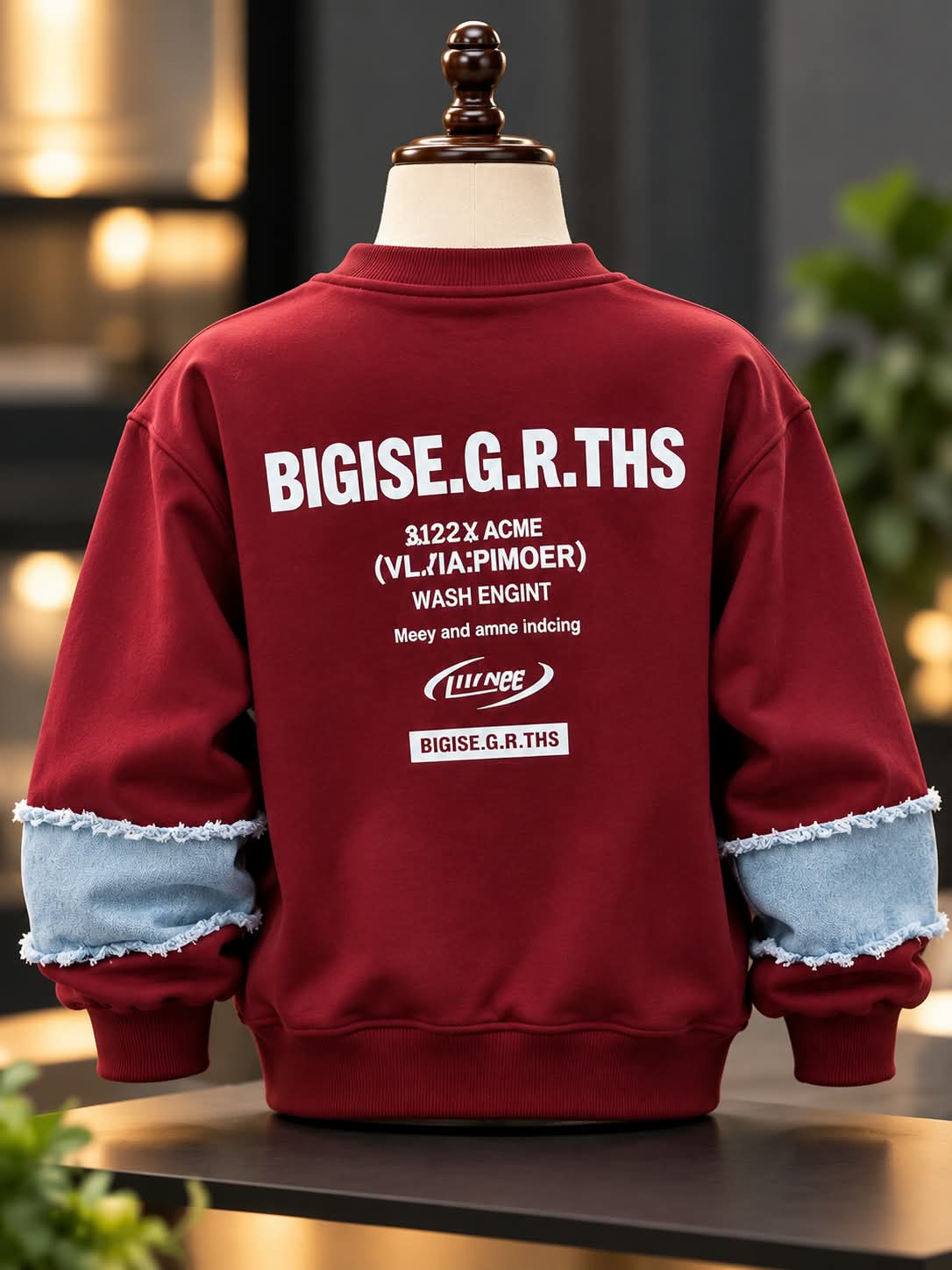 Boys Maroon Sweatshirt with Denim Panel & Graphic Print | Sizes 6–11 Years