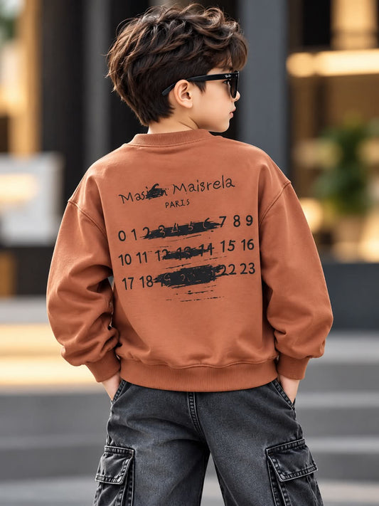 Boys Rust Brown Sweatshirt with Denim Front Panel & Utility Pockets | Sizes 6–11 Years