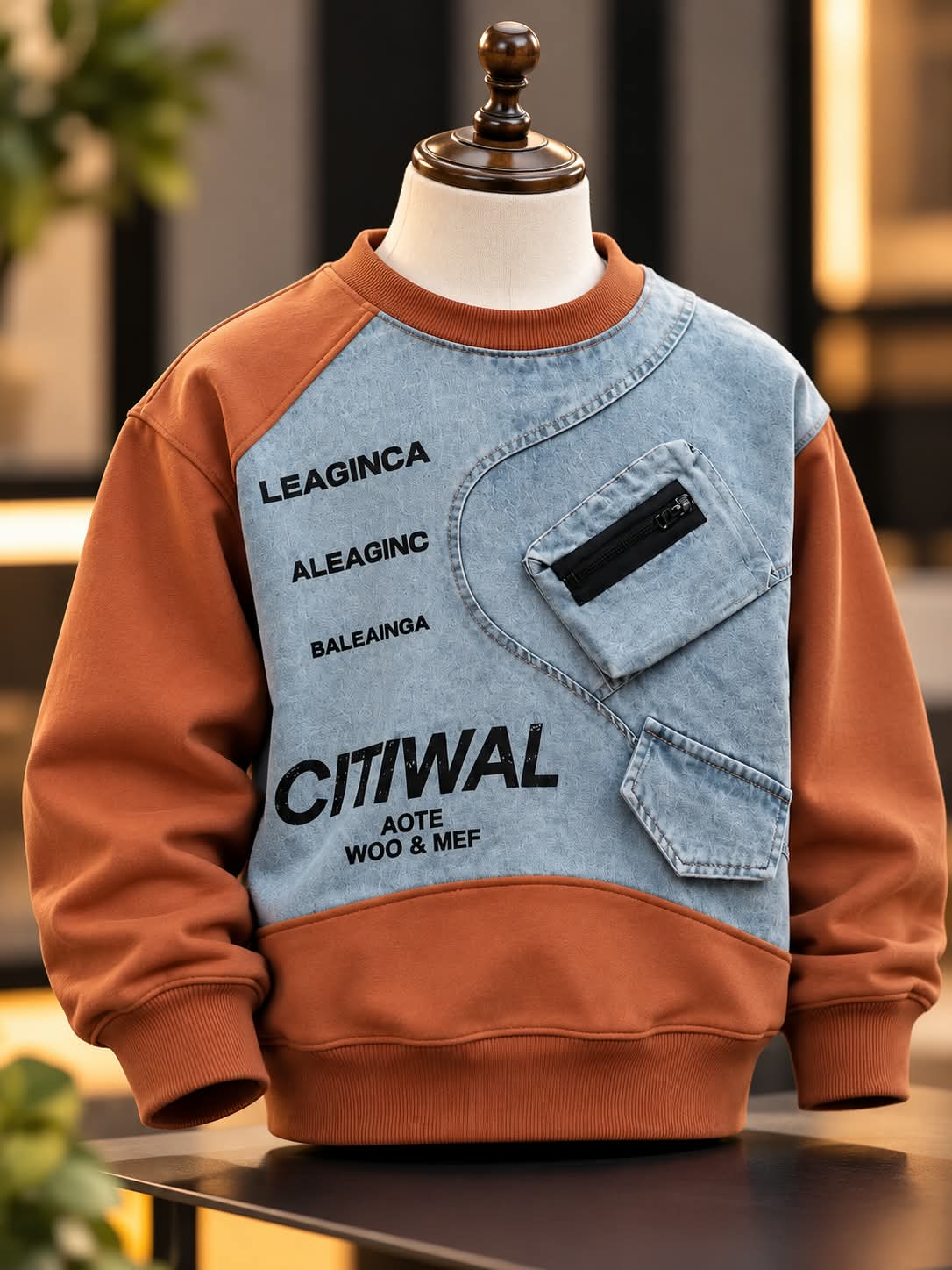 Boys Rust Brown Sweatshirt with Denim Front Panel & Utility Pockets | Sizes 6–11 Years