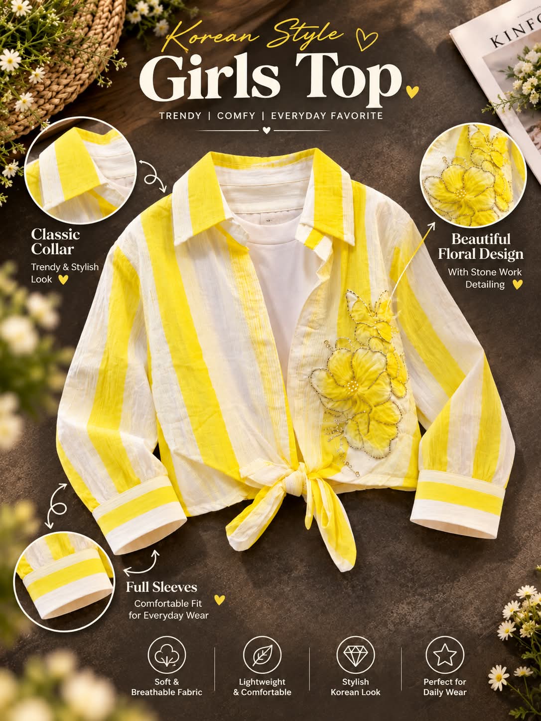 Girls Yellow Striped Tie-Up Shirt with Floral Embroidery | Sizes 24–36