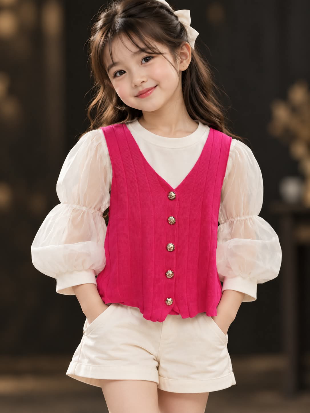 Girls Pink Button-Front Vest Top with White Puff Sleeves | Sizes 24–34