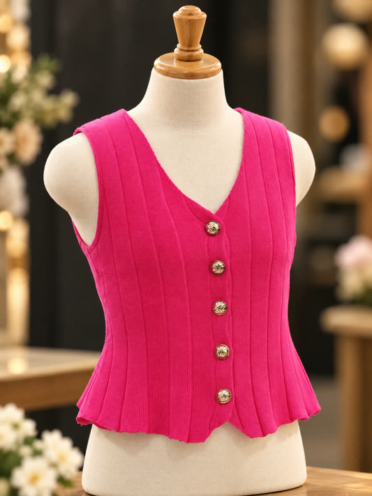 Girls Pink Button-Front Vest Top with White Puff Sleeves | Sizes 24–34
