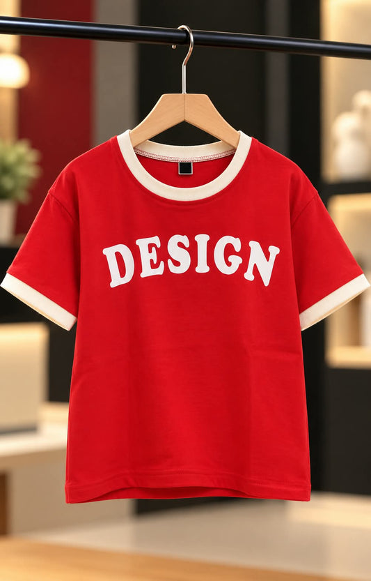 Girls Red Oversized T-Shirt with White Contrast Trim & Graphic Print | Sizes 24–36