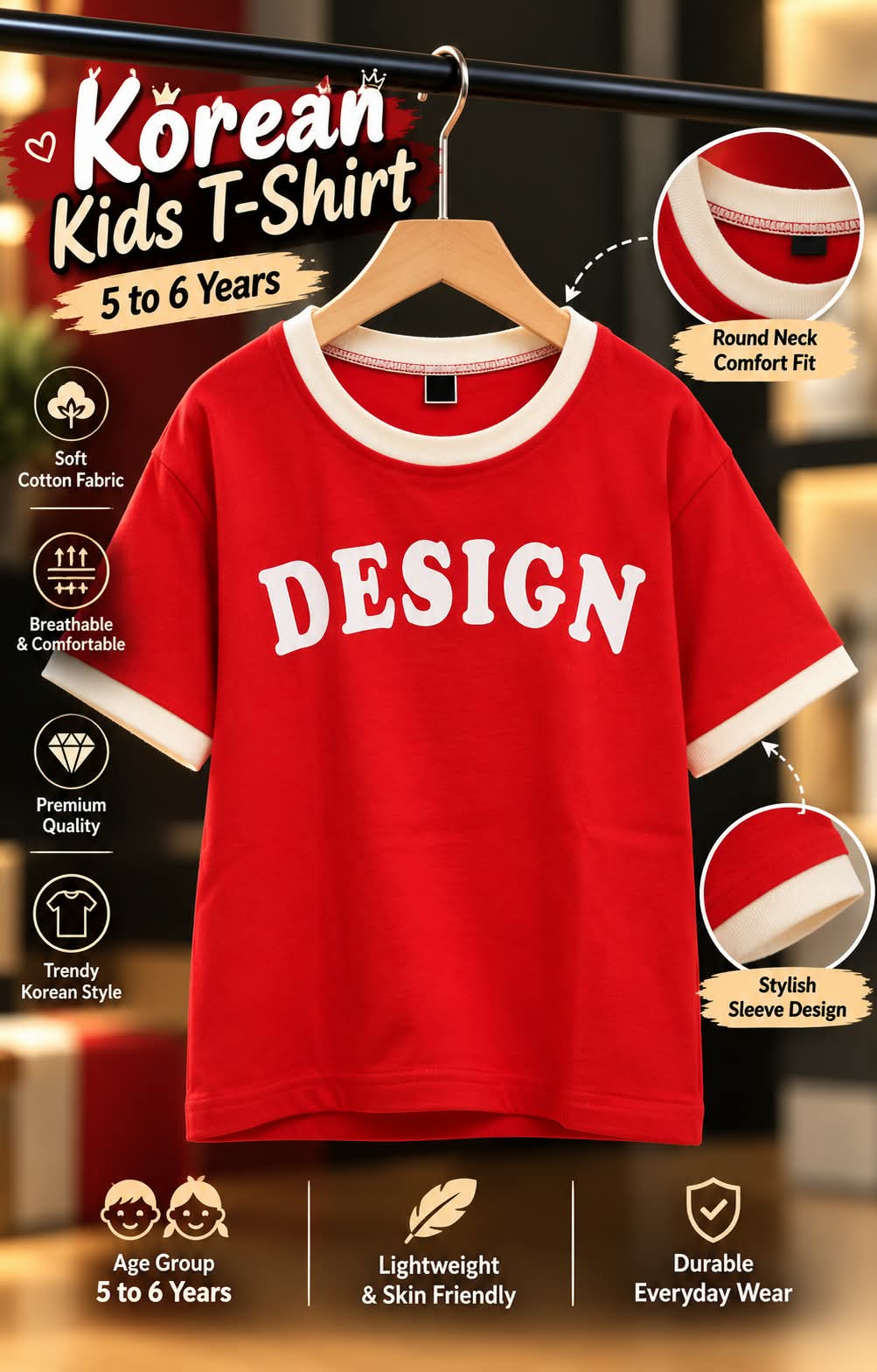 Girls Red Oversized T-Shirt with White Contrast Trim & Graphic Print | Sizes 24–36