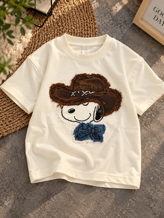 Girls Cream Oversized T-Shirt with 3D Cowboy Graphic Print | Sizes 26–38