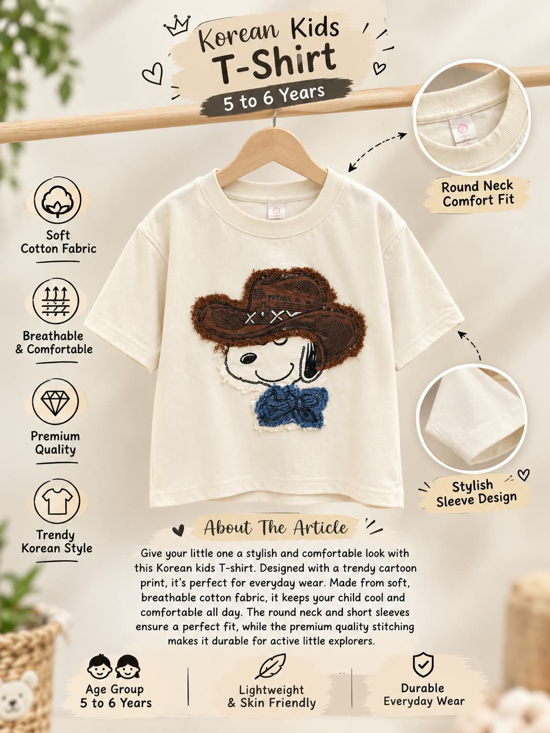 Girls Cream Oversized T-Shirt with 3D Cowboy Graphic Print | Sizes 26–38