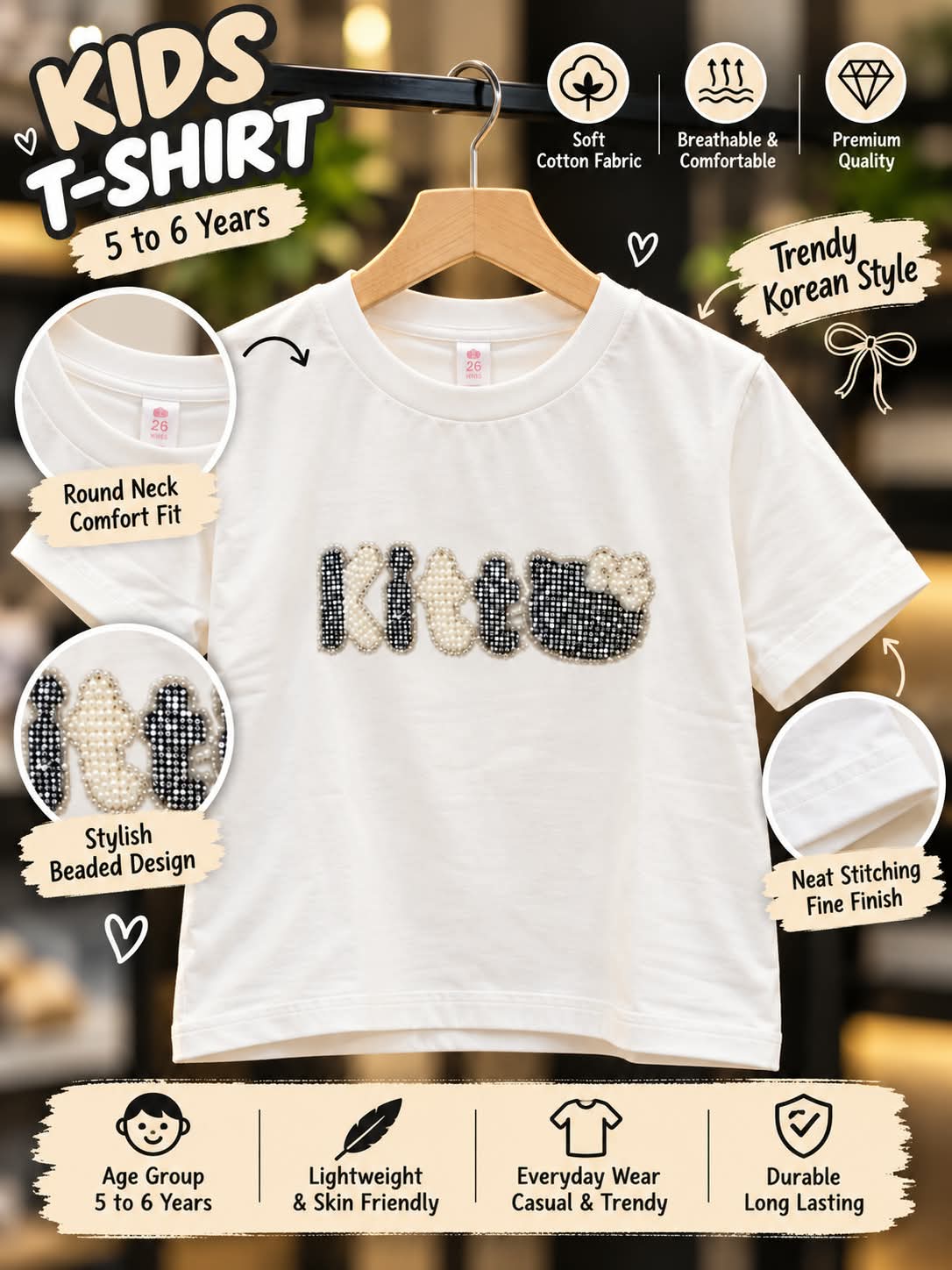 Girls White Oversized T-Shirt with Pearl & Rhinestone Graphic | Sizes 24–36