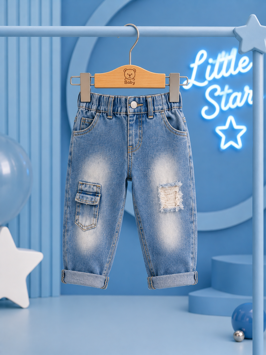 Baby Boys Sky Blue Cargo Denim Jeans | Soft Stretch Distressed Jeans (6M–3 Years)