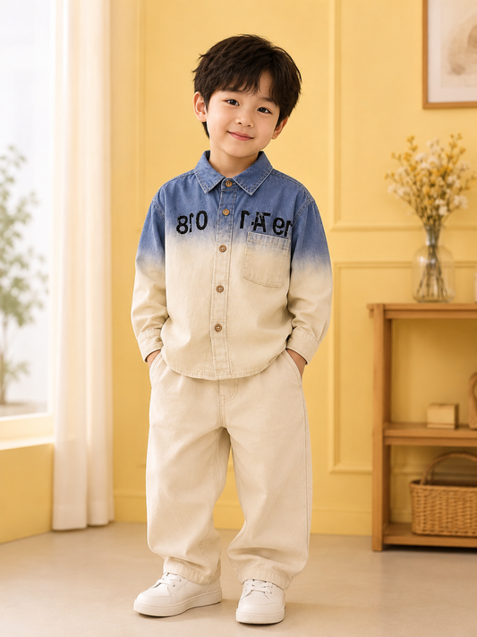 Boys Premium Ombre Shirt – Blue & White | Korean Style Casual Shirt | 2–7 Years