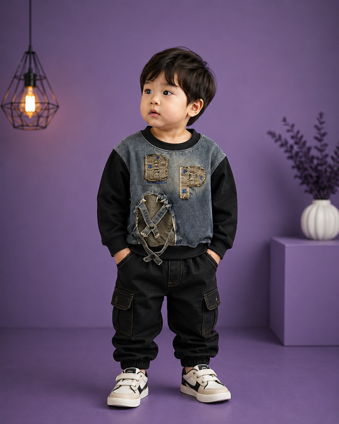 Boys Denim Patch Sweatshirt | Premium Korean Style Full Sleeve Winter Sweatshirt | 1-6 Years