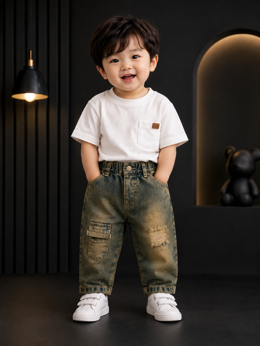 Baby Boys Vintage Blue Cargo Denim Jeans | Soft Stretch Casual Jeans (6M–3 Years)