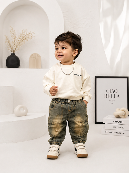 Kids Olive Green Patchwork Denim Jeans | Soft Cotton Denim | 6 Months – 3 Years
