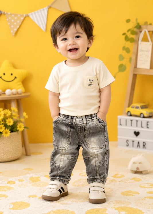 Kids Grey Acid Wash Patchwork Jogger Jeans | Soft Denim | 6 Months – 3 Years