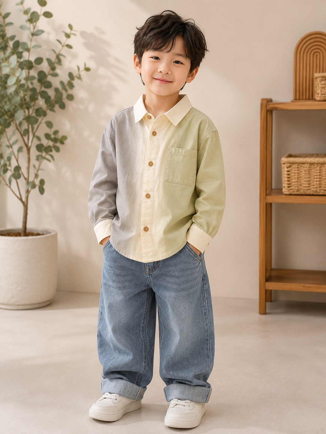Boys Korean Style Color Block Casual Shirt – Grey, Cream & Sage Green | Premium Cotton | 2–7 Years