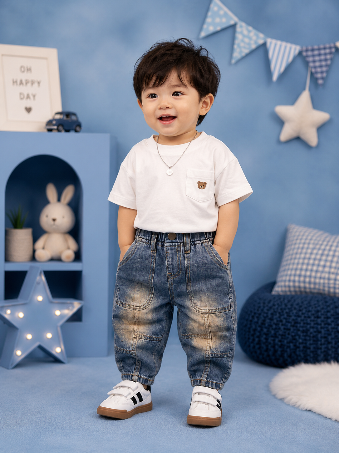 Kids Light Blue Patchwork Jogger Jeans | Soft Denim | 6 Months – 3 Years