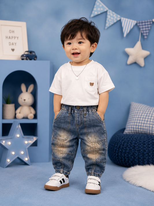 Kids Light Blue Patchwork Jogger Jeans | Soft Denim | 6 Months – 3 Years