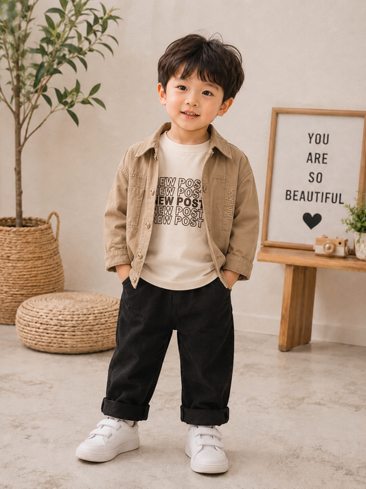 Boys Beige Jacket & Printed T-Shirt  | Premium Casual Outfit (2-7 Years)