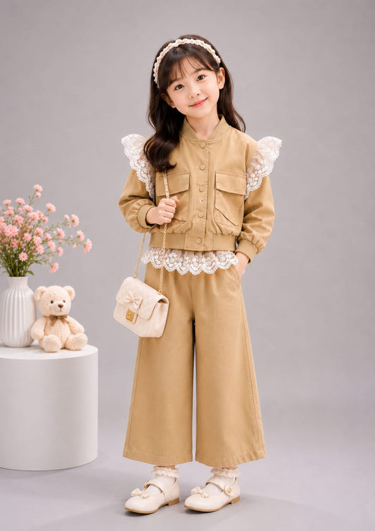 Girl's Premium Korean Beige Lace Co-Ord Set (With Sling Bag) (6–12 Years)
